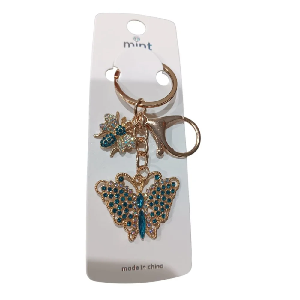 Beautiful Blue Rhinestone Butterfly Bumblebee Gold Tone Keychain Purse Charm